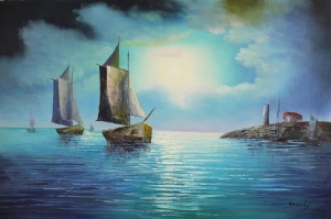 Renkli Kayıklar, Yelkenliler Deniz Manzarası 12 Yağlı Boya Sanat Canvas Tablo